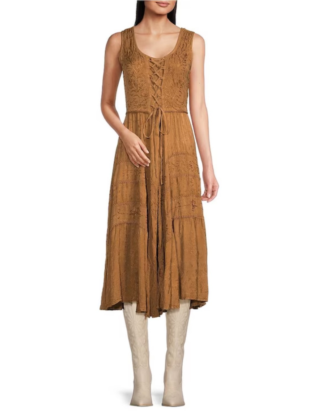 Scully Sleeveless Lace-Up Embroidered Floral Jacquard Tie Waist Midi Dress Beige